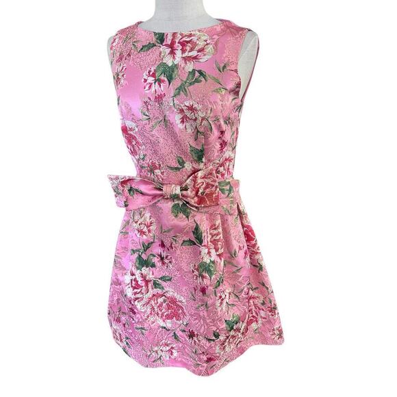 Tahari by ASL Women's Pink Floral Print Metallic Bow Fit & Flare Dress Size 2 - Picture 3 of 7